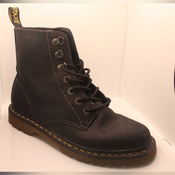 Dr. Martens Shoes - Womens Dr. Martens Black Leather Boots with Yellow Stitching